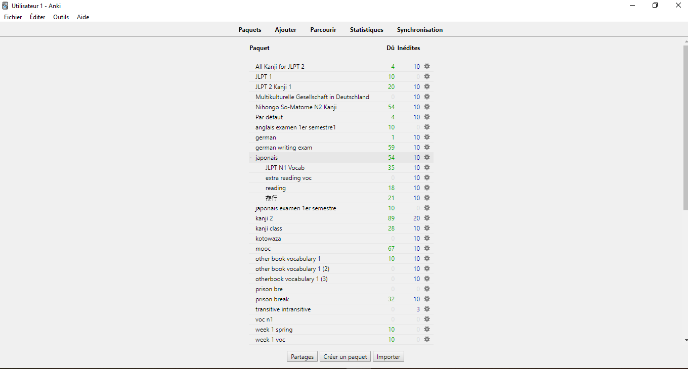 Capture d'écran de la liste des paquets sur le logiciel anki sur PC pour apprendre du vocabulaire japonais. Je l'utilise depuis longtemps alors j'ai plein de paquets!